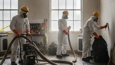 Victorville, CA technicians cleaning burst pipe water damage in a home