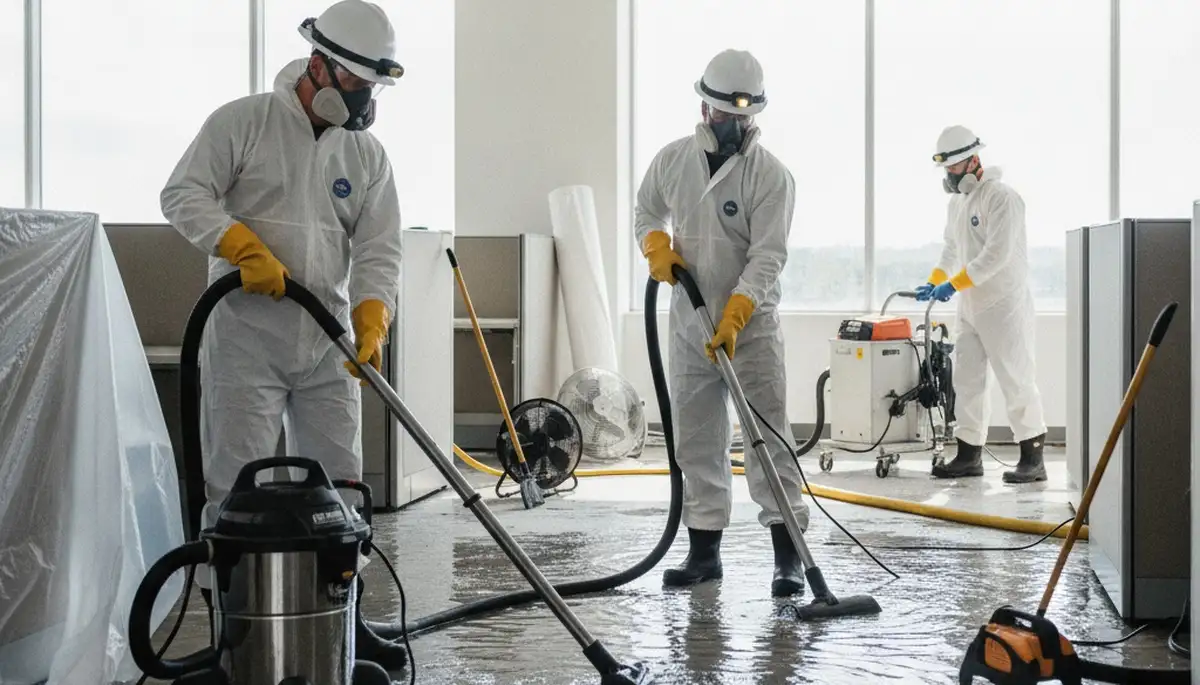 Victorville, CA water-damage team cleaning up burst pipe water in a home