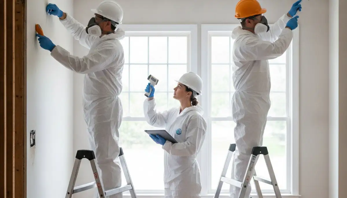 Mold inspection technician in Victorville, CA assessing water damage in a home