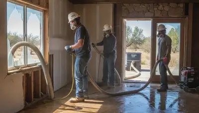 Water damage restoration team in Victorville, CA inspecting and drying a flooded property