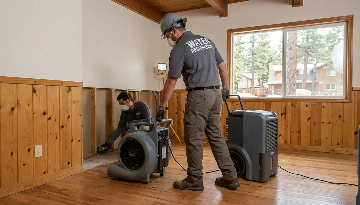 Victorville, CA water damage restoration team inspecting cleanup equipment in a commercial setting