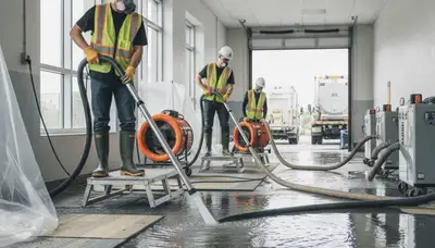 Water extraction crew removing standing water in Victorville, CA home for 24/7 water damage cleanup