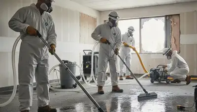 Water extraction crew removes standing water from a Victorville, CA home after flooding