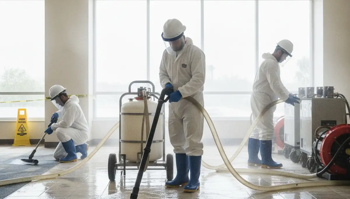 Water extraction team removing standing water from a Victorville, CA home after water damage